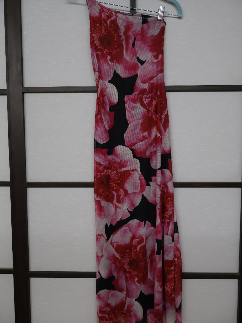 NWT Commense Black with Pink Floral Print Mesh Long Dress Size S New With Tags